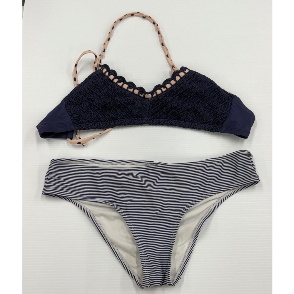 Xhilaration Navy Blue Crochet Bikini Top and Striped Ruched Bottoms Set Large